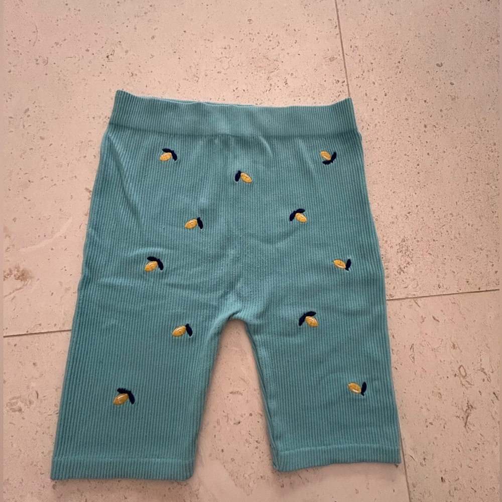 Zara Women’s Teal Embroidered Ribbed Biker Shorts with Lemon design